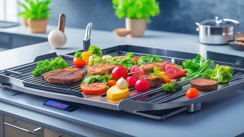 Professzionális elektromos grillsütő lap használat közben modern konyhában különböző ételekkel steakek zöldségek tojások