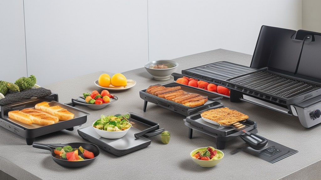 Speciális elektromos grillsütők kollekciója raclette grill kis serpenyőkkel teppanyaki lapos felület hibachi kompakt grill modern konyhában